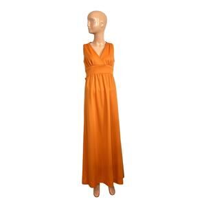 VTG 70s Toni Todd Orange Maxi Dress S Double Knit Polyester Faux Wrap Belted